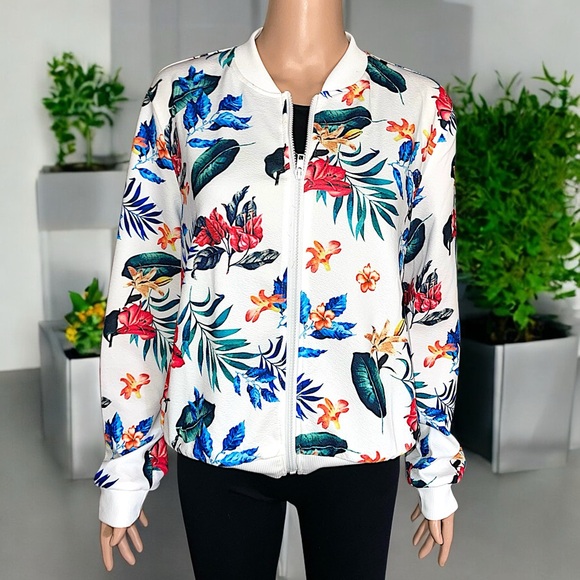 New Women's Tropical Plant Print Baseball Collar Jacket - Picture 16 of 16